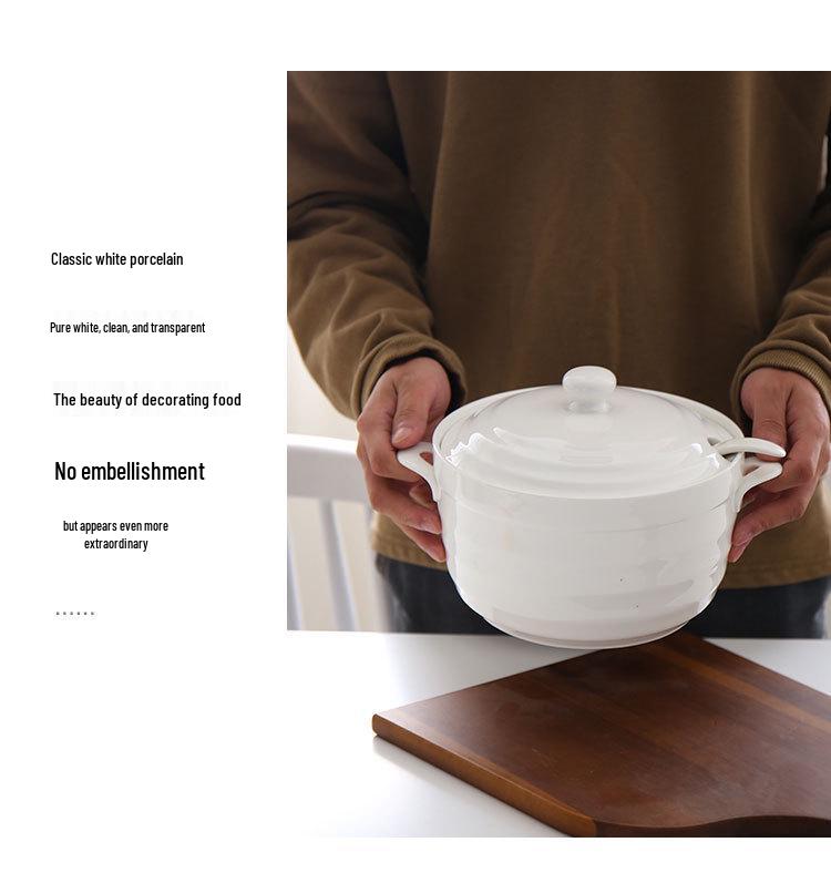 Керамический набор суповых тарелок с двумя ручками и крышкой - Безопасно для микроволновой печи, Включает большую ложку и супницу, Чисто-белый, Креативный дизайн (8 мисок)