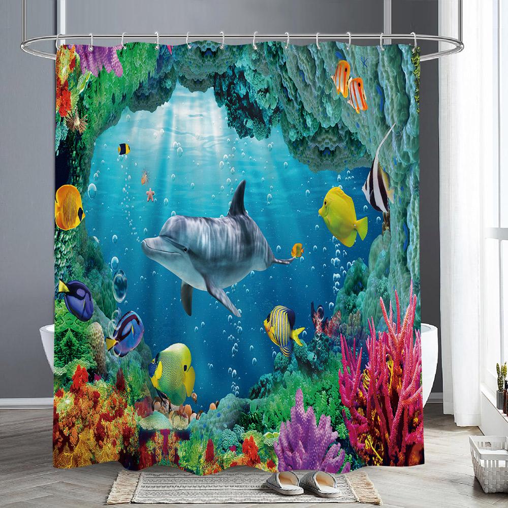 Шторки для душа с морскими животными Дельфин Морская черепаха Рыба Коралл Подводный пещерный пейзаж Ткань Детская занавеска для ванны Декор для ванной комнаты