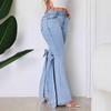 Модные женские джинсы с высокой талией, эластичные, с декором в виде банта, расклешенные