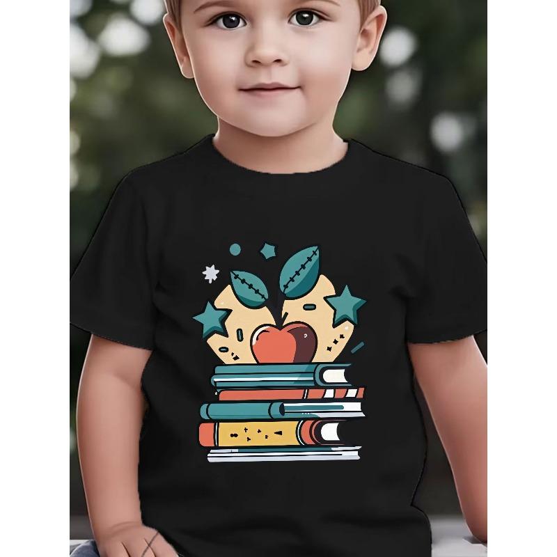 Европейские размеры Сезон Back-To-School Детский топ с коротким рукавом Детский мультяшный рисунок Книга Яблоко Принт Летний Милый Тема обучения и роста