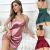 Women’s Sexy Solid Silk Satin Nightgown Summer Sling U-neck Backless High Waist Lightweight Pajamas for Female Stylish Soft Comfortable Sleep Dress