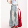 Womens Retro Straight Wide Leg Jeans American Style Cartoon Embroidery Casual Washed Denim Pants