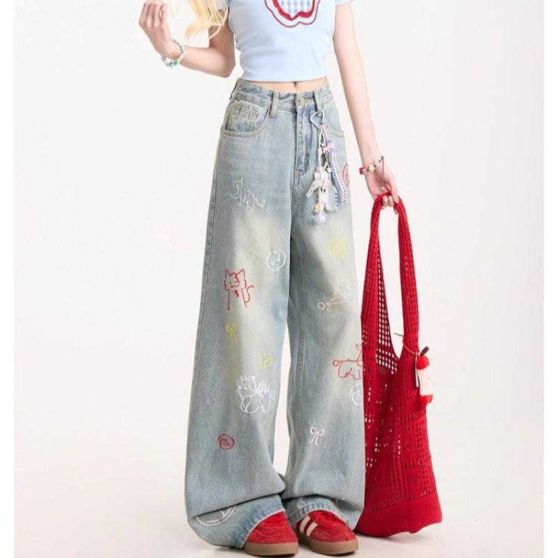Womens Retro Straight Wide Leg Jeans American Style Cartoon Embroidery Casual Washed Denim Pants