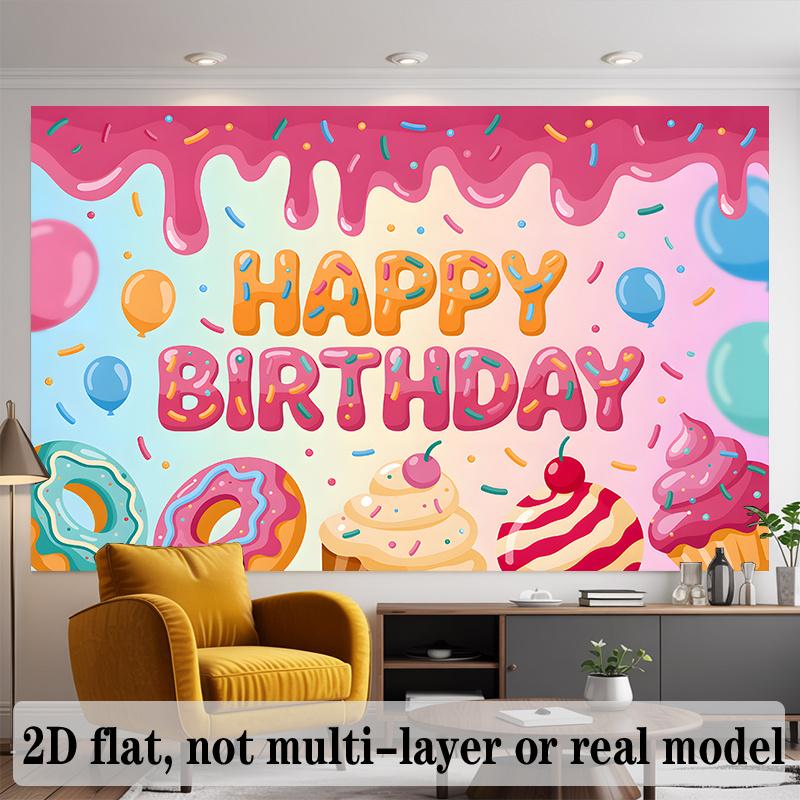 Party Backdrop Flat Donuts Cupcakes Balloons Sprinkles Pattern Event Photo Background Birthday Party Decor