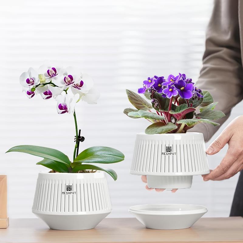1PC 5-Inch Breathable and Leak-proof Orchid Pot, 1-piece Set, African Violet Flower Pot with Hollow Trim, PP Resin White Orchid Container with Tray