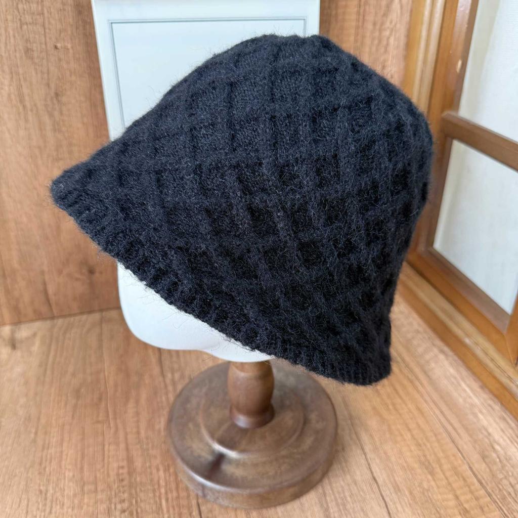 Simple rhombus knitted basin hat women's autumn and winter wool knitted bucket bucket hat solid color basic texture women's hat