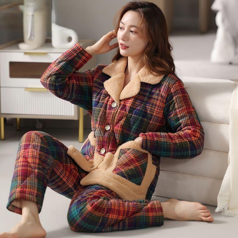 Куртка Пижама Женская Зимняя Трехслойная Теплая Плюшевая Утолщенная Домашняя Одежда Повседневная Для Молодежи Среднего Возраста Комплект Пижамы
