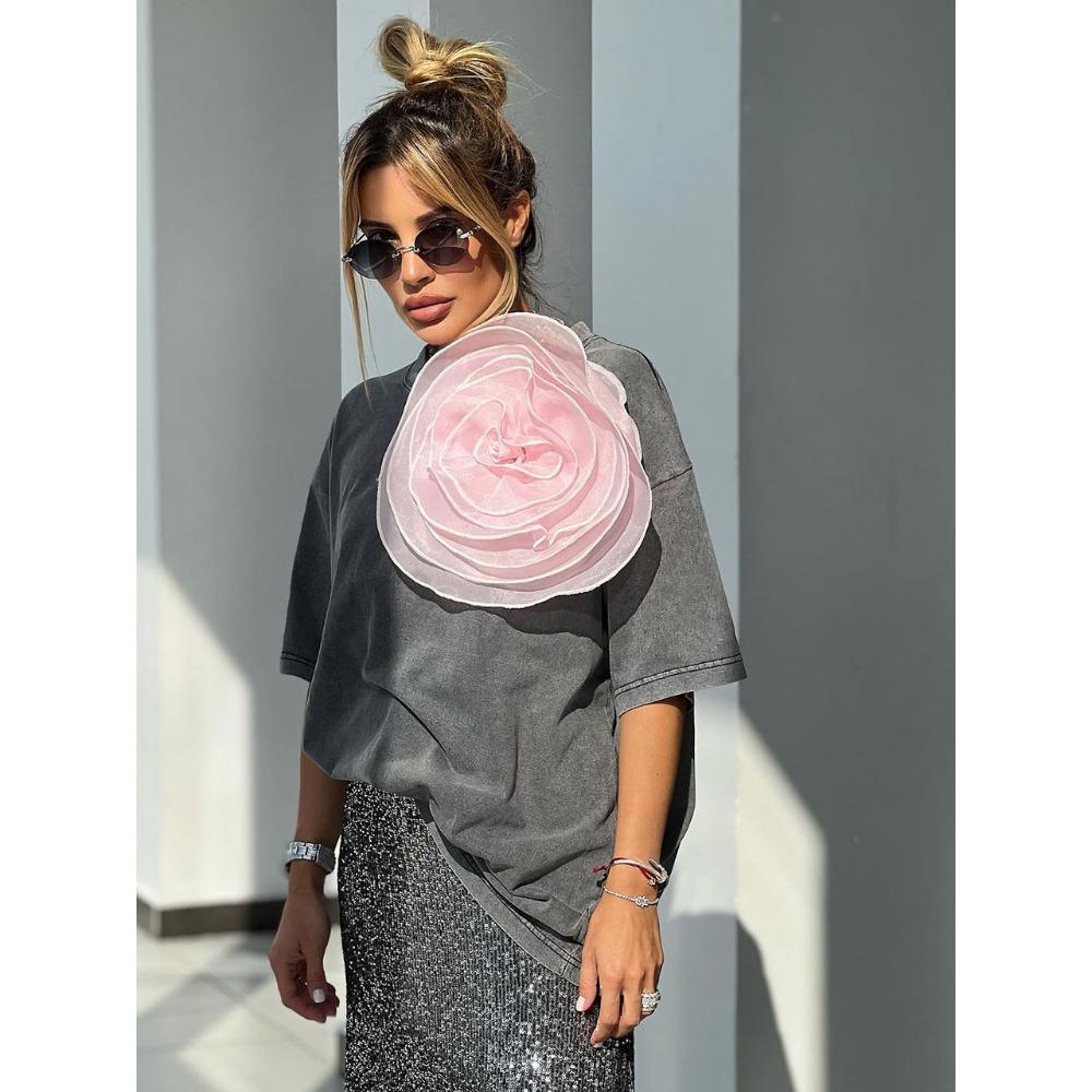 Hirsionsan 2025 Кислотно-стираемая винтажная футболка уличная эстетическая шикарная футболка с цветком женская повседневная хлопковая футболка с коротким рукавом Y2k