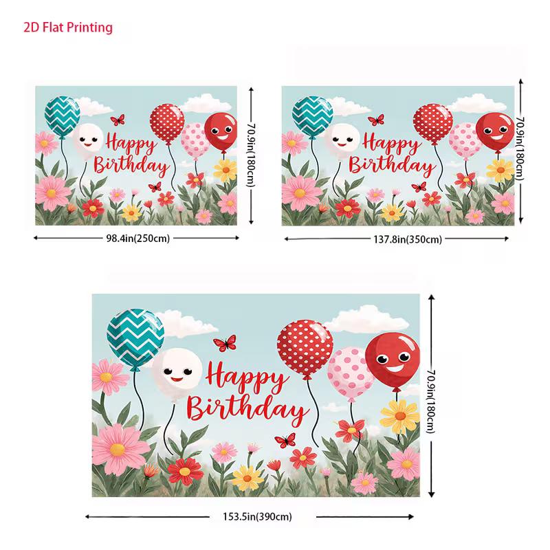 2D Kids Birthday Backdrop with Smiling Balloons, Flowers and Butterflies