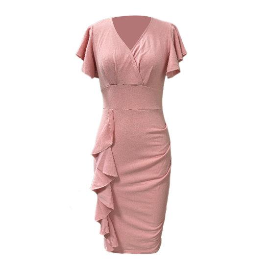 Женское летнее платье с V-образным вырезом и короткими рукавами с рюшами, однотонное, мягкое, плотное, с высокой талией, эластичное, OL, для поездок на работу, до колена, для вечеринки, клуба, формальное платье миди