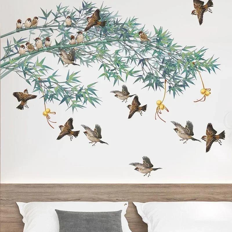 Ink Painting Bamboo Pretty Hinese Birds Wall Sticker 2025 Creative Sofa Background Ornament Vinyl Wall Decals Home Decoratioin