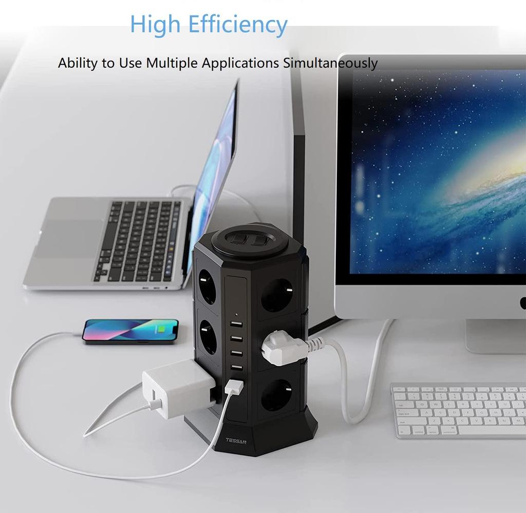 Tessan Удлинитель с несколькими розетками, 11-контактная башня с розетками (2500 Вт/10 А) с 3 USB-портами (5 В/3,1 А) и кабель 2,0 м для дома и офиса