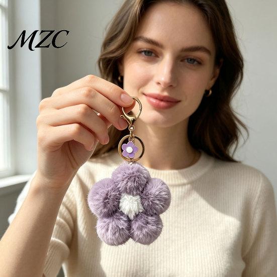 Plush Flower Keychain for Backpack, Fuzzy Floral Keyring Key Chain Bag Charm, Women Girls Handbags Decorative Accessory Aesthetic Purse