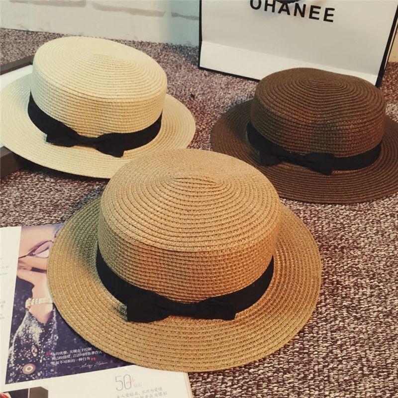 Korean Summer Flat Brim Unisex Top Hat Bowknot Straw Hat Sun Shade Sunscreen Beach Vacation Travel Hat