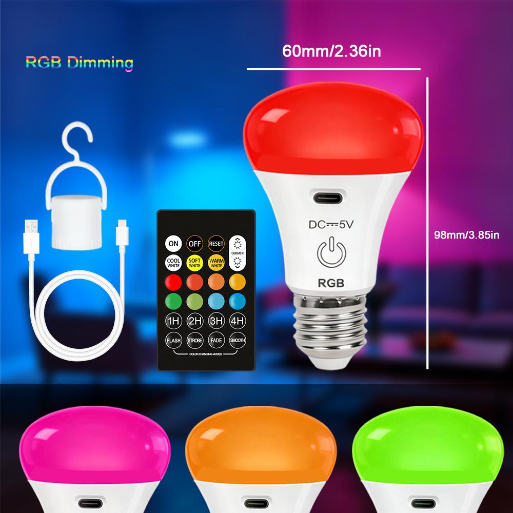 E27 Беспроводная RGB/CW Лампа с бесступенчатой регулировкой яркости, перезаряжаемая через USB, с пультом дистанционного управления, работающая от батареи, диммируемая/таймер
