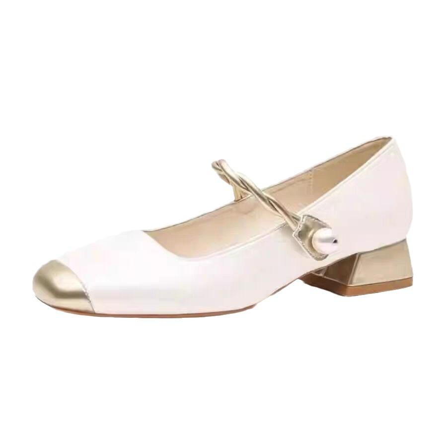 Туфли Мэри Джейн в сочетании цветов женские на низком каблуке 2024 новые кожаные с французским квадратным носком на толстом каблуке с открытым верхом маленькие с ароматом темперамента одинарные туфли