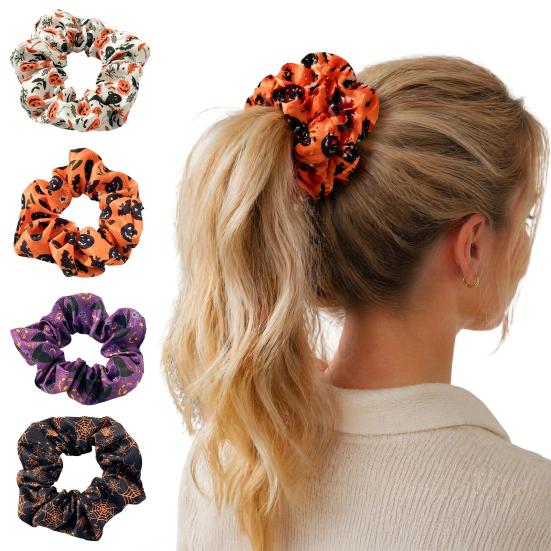 Fluffy Hair Scrunchies Halloween Ties, High Elasticity Scrunchies, Soft Stretchy Bands with Ghost Witch Hat Tie Bat Spider Web Design,