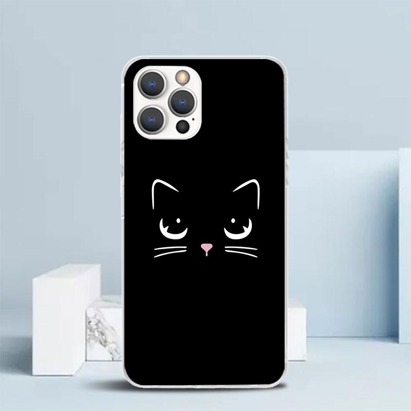 Мультяшный Милый Черный Кот Чехол Для Телефона Для IPhone 16 17 Air 16E 15 14 Plus 13 Mini 12 11 Pro Max 7 8 + SE 2020 Мягкий ТПУ Задняя Крышка 16