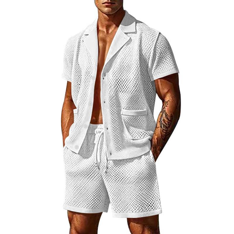Seaside Beach Sexy Two Piece Sets Mens Fashion Hollow Out Breathable Mesh Shirts and Shorts Suits Men Daily Leisure Mesh Outfits