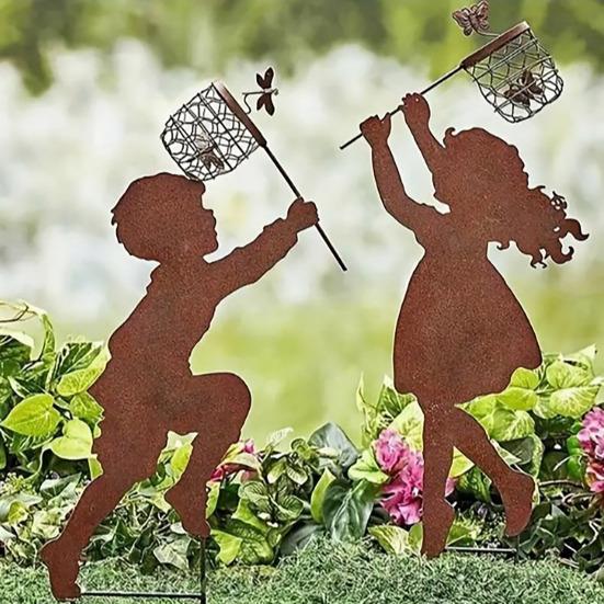 1 Pair Silhouette Shape Art Model Ornament Boy Girl Little Character Silhouette Art Garden Decor Stakes
