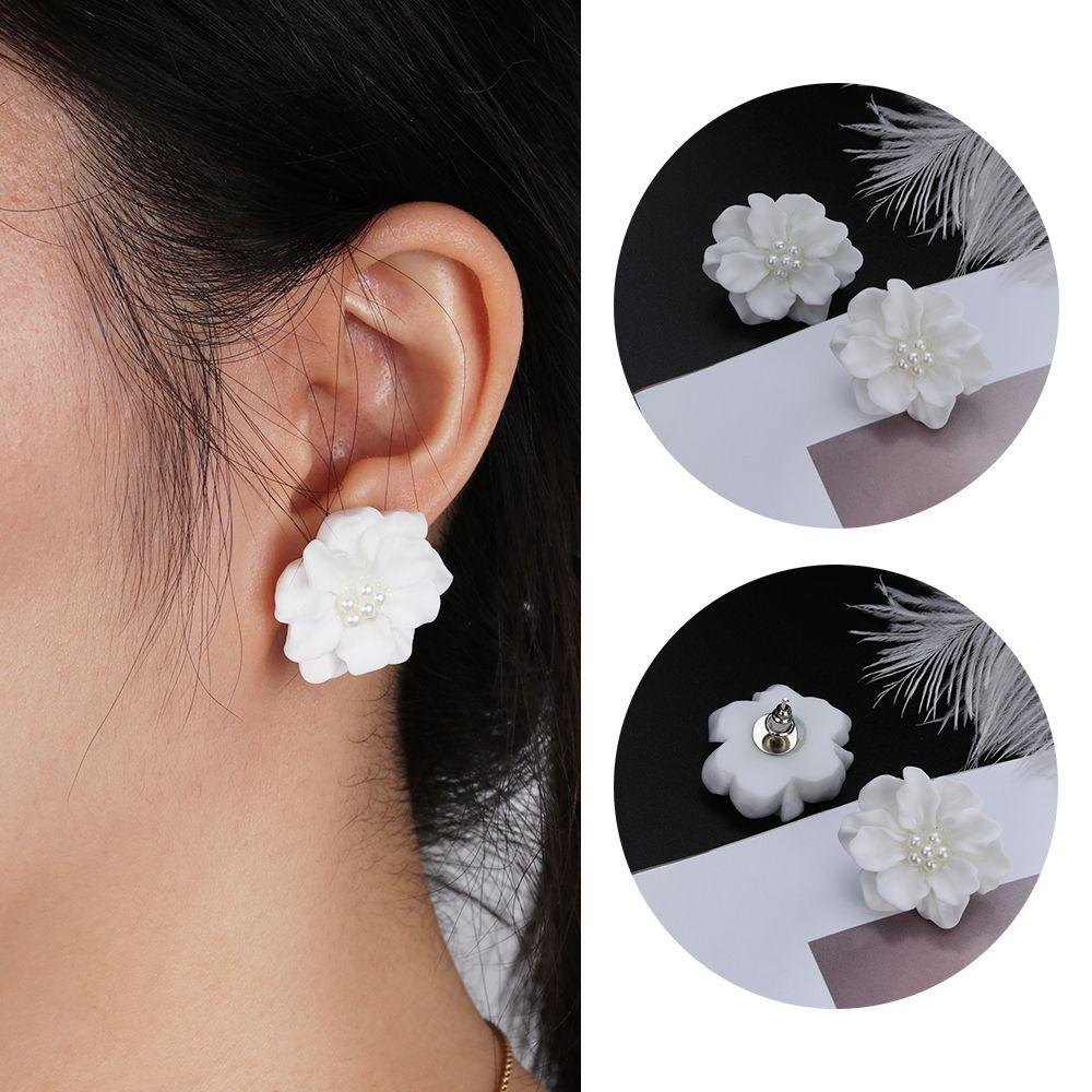 Fashion Inlay Beads Women Girl Simulated Pearl Stud Earrings Camellia Big White Flower