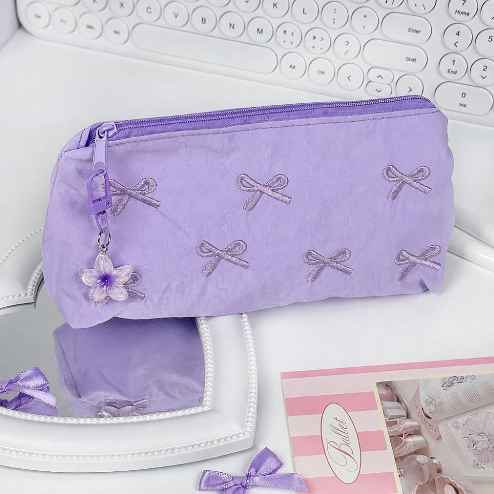 Bow Embroidered Pen Bag Large Capacity Pencil Pouch Durable Stationery Organizer Gift
