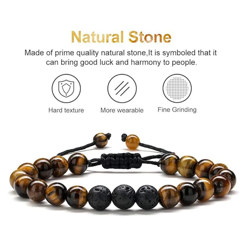 Мужской плетеный браслет из тигрового глаза и лавового камня - Подарок, ручная работа, бусины из черного агата 8 мм