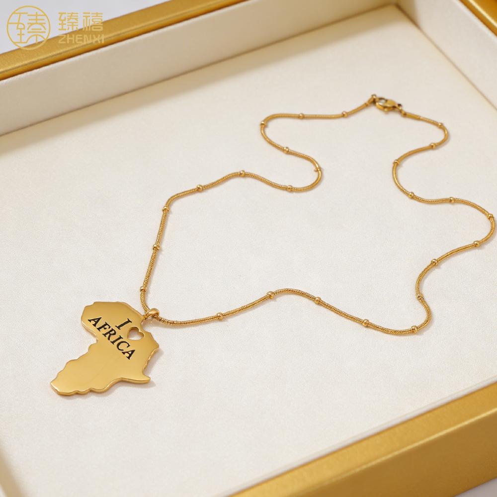 ZHENXI Design Jewelry Hollow I Love Africa Pendant Map Necklace 18K Gold Stainless Steel Trendy Link Chain for Man and Woman