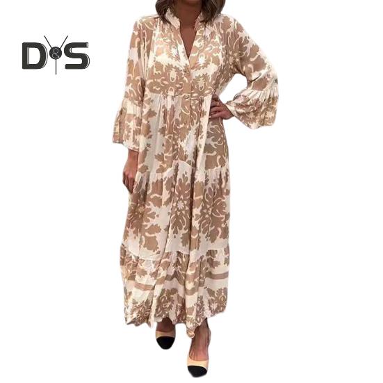 Women Maxi Dress V Neck Floral Printed Pleated Ruffle Patchwork Hem Loow Waist Horn Sleeves Single-breasted Daily Commuting Long Dress