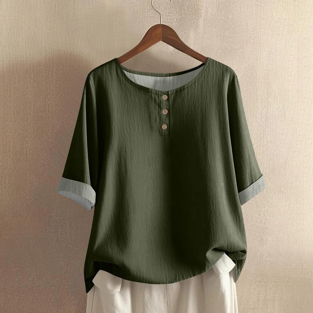 Women's Fashionable And Casual Shirt Half-sleeve Round Neck Solid-color Cotton And Linen Blouse Top