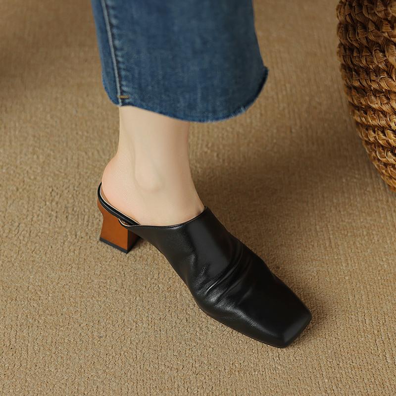 Мода 2025 Лето Новая Натуральная Кожа Ретро Полу-драг Мюли Женские Женские Высокий Каблук Квадратный Носок Повседневная Обувь Женские Шлепанцы