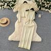 Autumn Winter Women Knitted Sweater Two Piece Set V-neck Jacket Coat and Sleeveless Long Midi Slim Bodycon Sheath Dress Suit