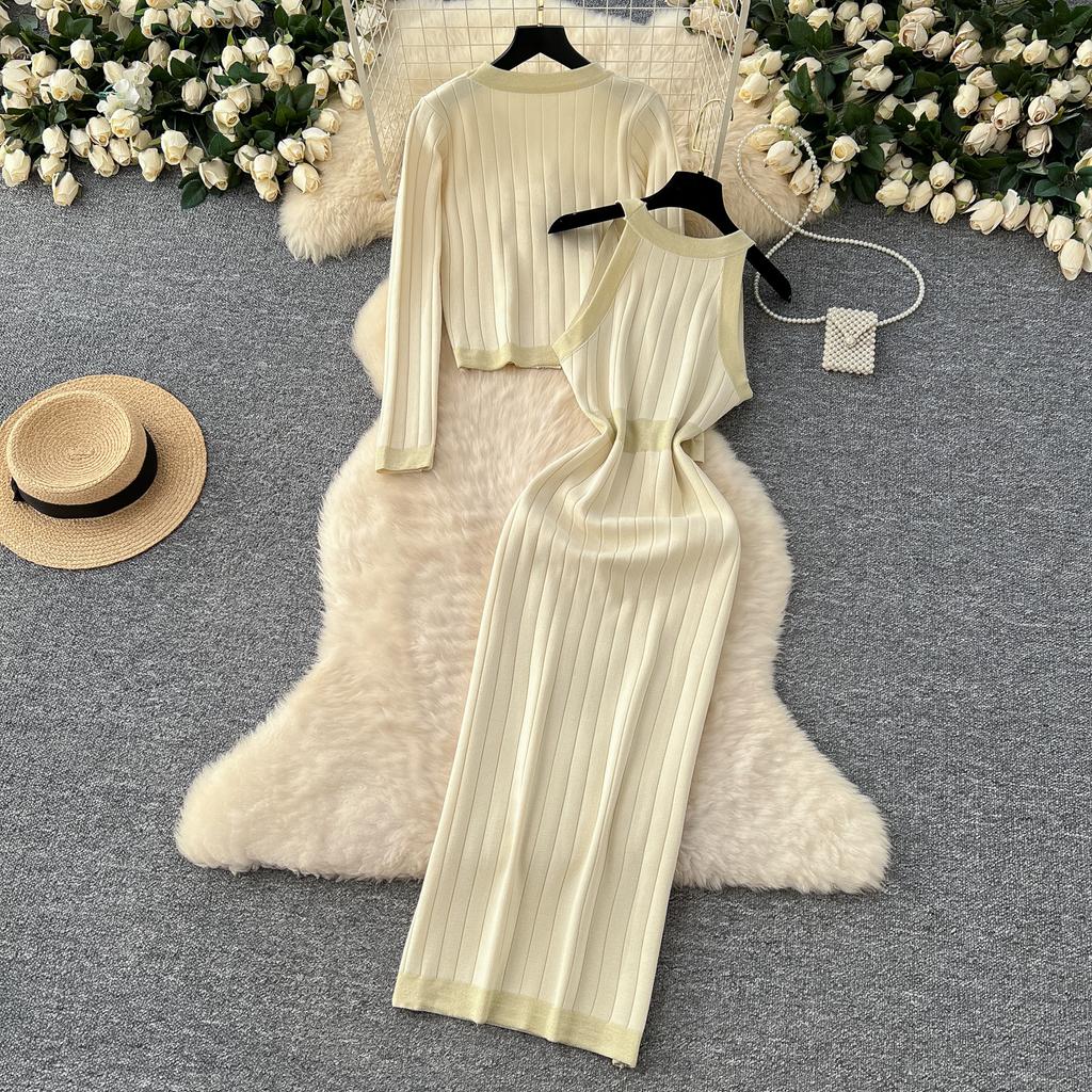 Autumn Winter Women Knitted Sweater Two Piece Set V-neck Jacket Coat and Sleeveless Long Midi Slim Bodycon Sheath Dress Suit
