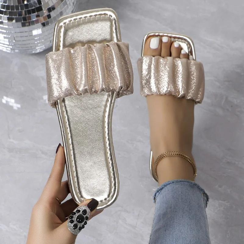 Распродажа модной женской обуви 2024 года, новые женские тапочки с квадратным носком, летние открытые плиссированные легкие плоские повседневные пляжные тапочки большого размера