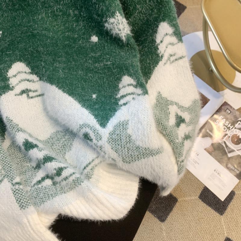 Winter New Cute Print Loose Christmas Pullovers Sweater Women Tops O Neck Long Sleeve Vintage Knitted Sweater Woman Casual Fashion Lady Jumpers 25513