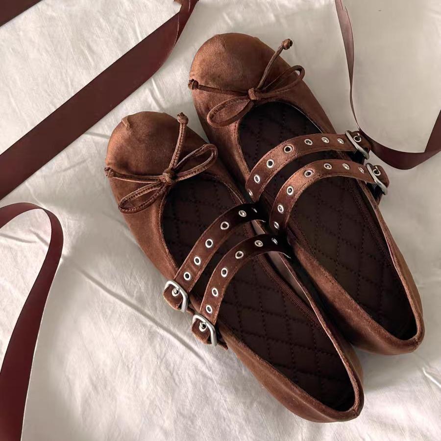 IPPEUM Red Velvet Ballet Flats Shoes Round Toe  Bow Ballerinas Zapatos Mujer Women Mary Janes