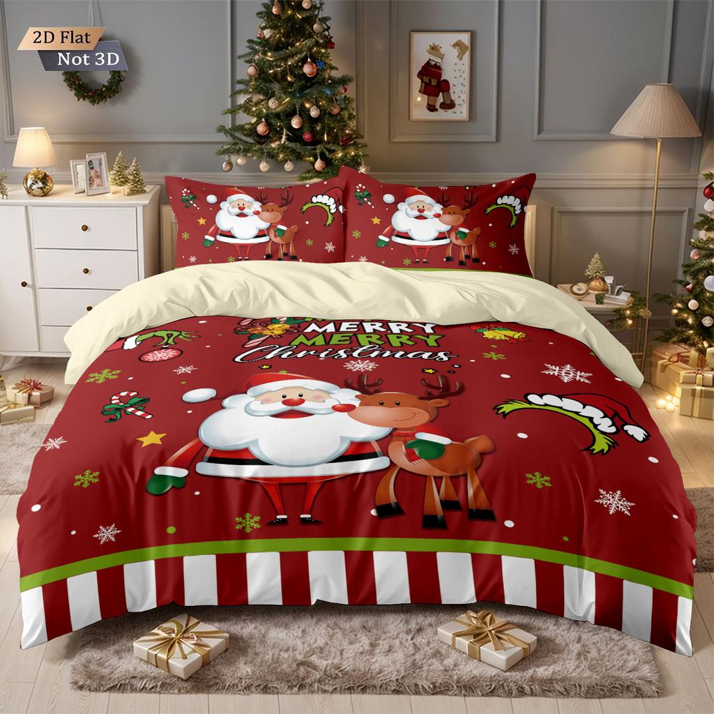 3pcs Merry Christmas Santa Claus Gold Printed Quilt Set Multi Size Dormitory Bedding Holiday Decoration Machine Washable