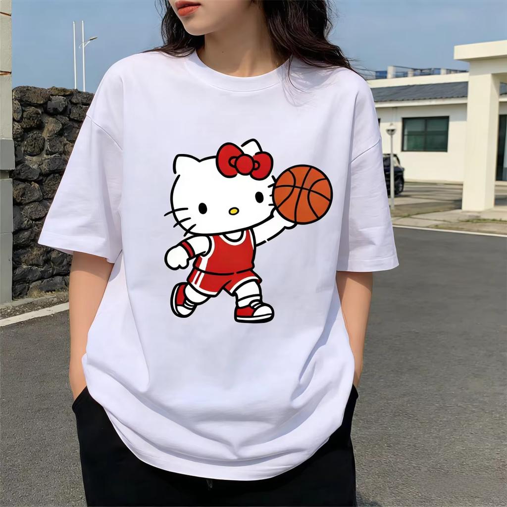 2026 новый летний милый графический топ HelloKitty повседневный хлопковый топ с коротким рукавом для женщин и девочек Каваи мультяшный принт Streetwear