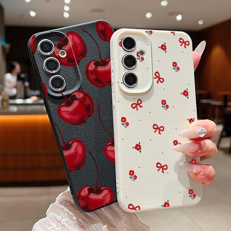 Чехол с принтом вишни для Samsung S26 S25 Ultra S24 S23 S22 S21 FE A15 A35 A55 A16 A36 A56 A17 A18 A37 A57 5G Мягкая обложка с текстурой кожи