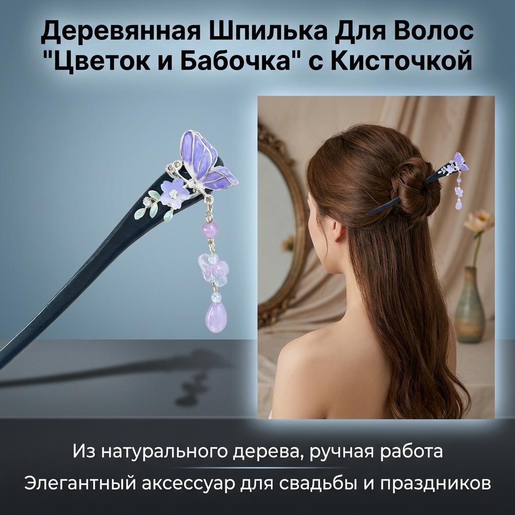 Wood-Hairpin For Women With Flower Butterfly Design Classical Tassel Hair Accessories Made Of Natural Woods