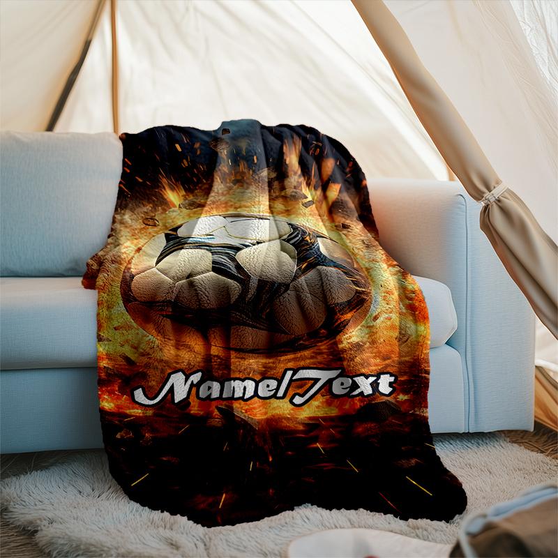 1PC Custom Name Soccer Ball Flames outdooor Flannel blankets Throw Blanket All-Season Throw Gift Bedspread for Couch, Bed, Camping Holiday Birthda