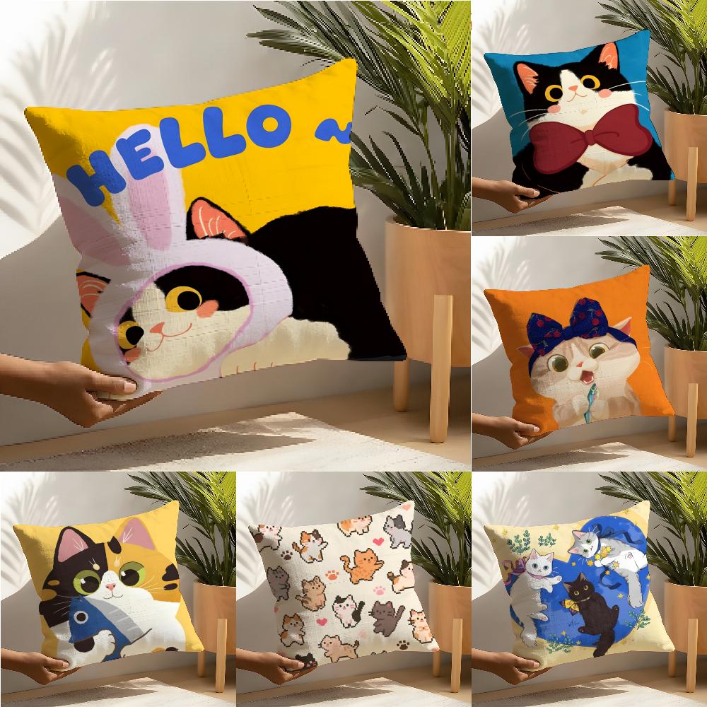 Cute Cartoon Cat Patterns Pillow Case Cotton Linen Fabric Square Zipper Pillowcase Home Decorative Living Room