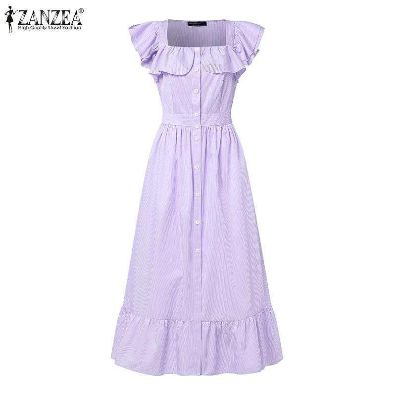 ZANZEA Summer Women Flare Sleeve Buttons Striped Casual Holiday Pleated Dress