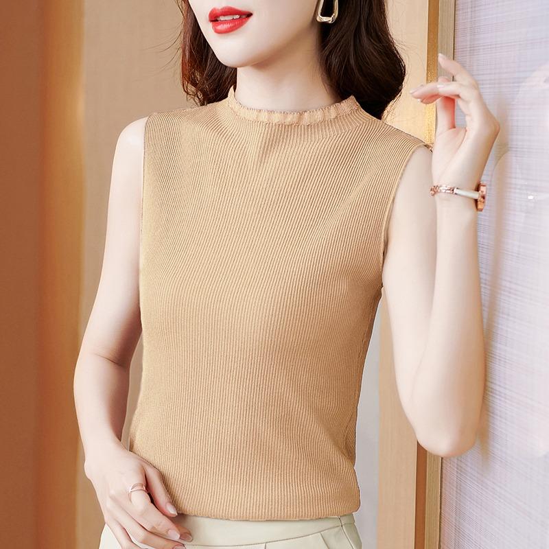 Летний вязаный свитер без рукавов с полуводолазкой, однотонный пуловер, внутренний и внешний топ, повседневный базовый жилет, женская облегающая однотонная одежда 2788