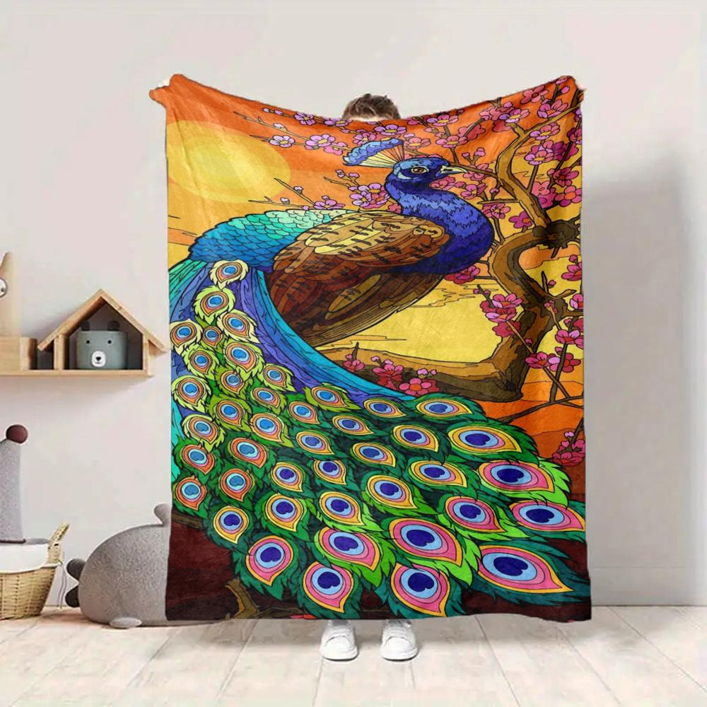 1Pc Peacock Garden Flannel Blanket, Soft And Comfortable, Casual Warm, Camping Travel, Christmas, Halloween Xmas Gift. G1269