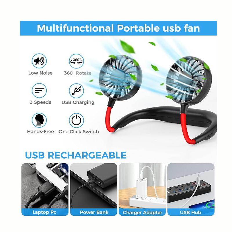 Rechargeable Mini Portable Plastic Hanging Neck Fan USB Rechargeable Electric Wearable Neckband Sport Fan for Household Use