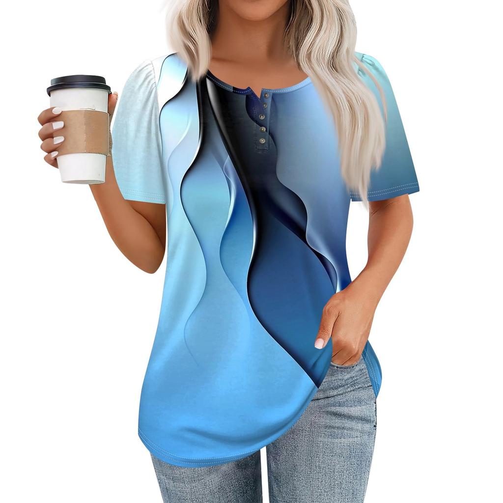 Women's Fashionable Casual Short Sleeve Button Print Round Neck Pullover Top