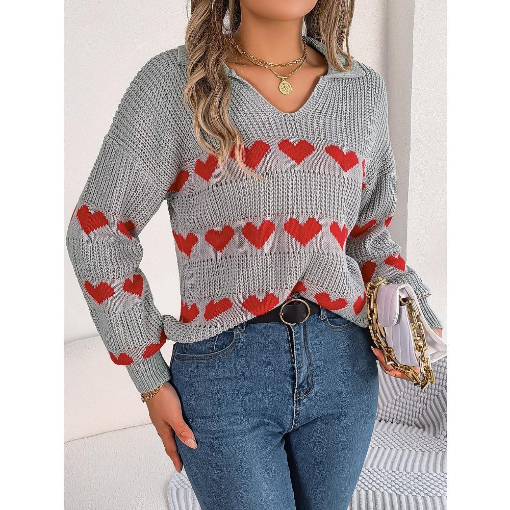 Autumn and Winter Casual Lantern Sleeve Contrast Color Love Pullover Sweater
