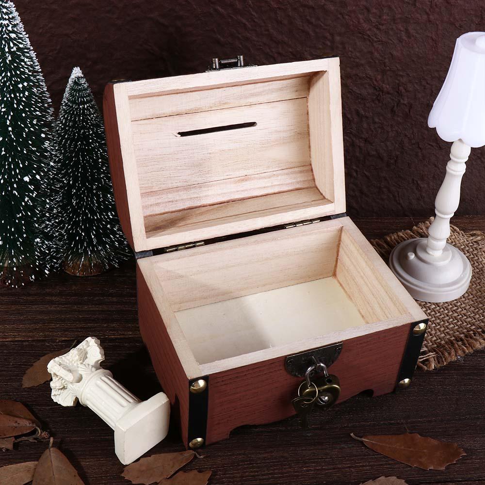 Retro Wooden Creative Decorative With Lock Storage Box Money Saving Box Treasure Box Coin Boxes