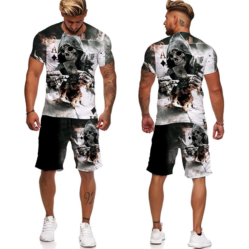 Новинка, футболка/костюм с 3D принтом готического черепа, летние мужские крутые футболки в стиле панк + шорты, индивидуальный спортивный костюм в стиле хип-хоп, уличная одежда